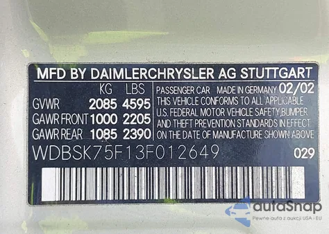 2003 Mercedes-Benz Sl-Class Base (A5) from USA, damaged, VIN WDBSK75F13F012649